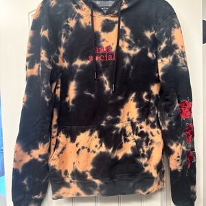Antisocial Rose Hoodie. Black and Tan Tie-Dye Hoodie with Red Embroidery